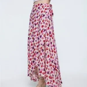 Zara Skirts Zara Pink Floral Wrap Ruffle Maxi Sarong Skirt